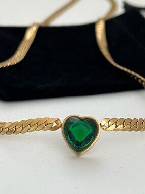 18K Gold Plated Green Heart snake chain Necklace Stainless Steel womens jewelry